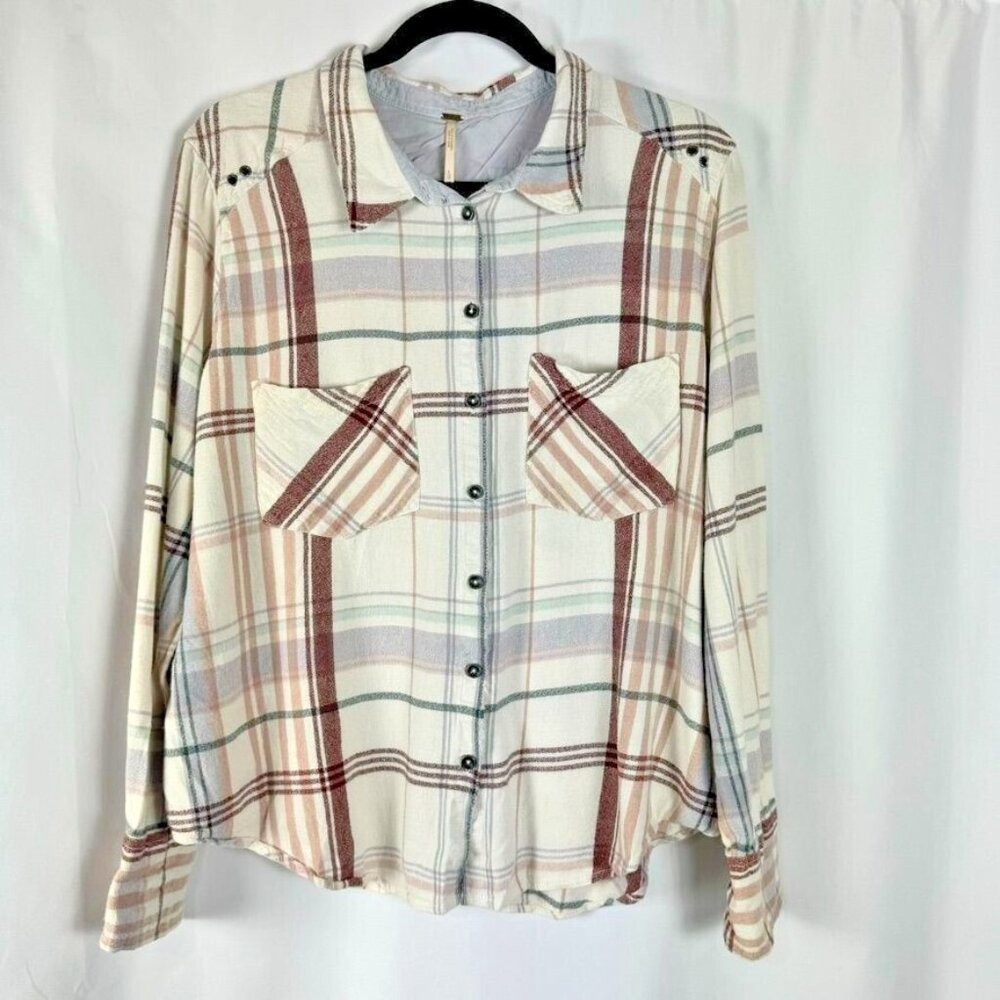 Free People Cream Plaid Button-Down Shirt with Brown and Blue Stripes